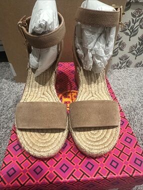 Tory Burch Tan Suede Espadrille Wedge Sandals with Ankle Strap